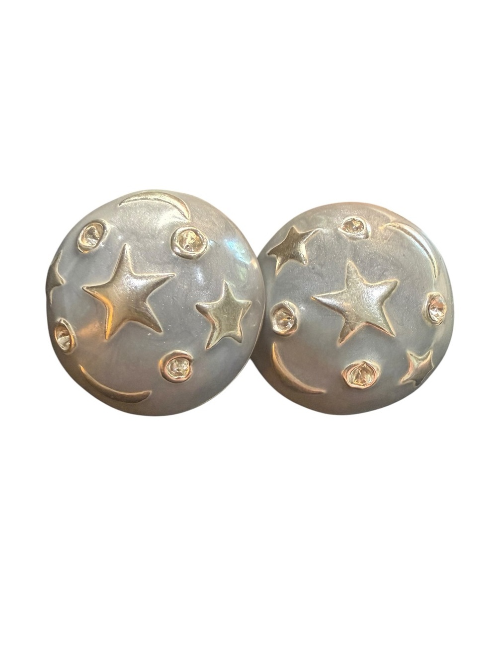 Vintage Celestial Moon Star Rhinestone Dome Earrings Silver Tone Cosmic - Picture 5 of 6
